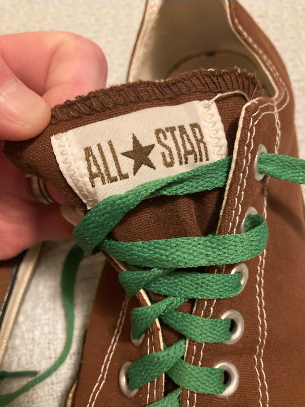Converse Men's Low Top Canvas Sneakers in Brown with Green Laces - Picture 2 of 7